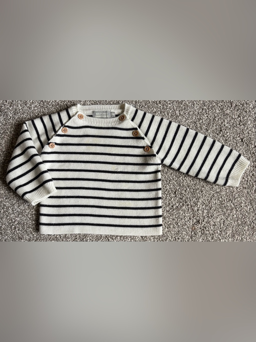 Striped Crewneck Sweater with Shoulder Buttons - Cream & Black